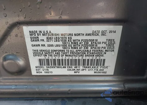 2015 Mitsubishi Outlander Sport Es from USA, damaged, VIN 4A4AP3AU9FE011909